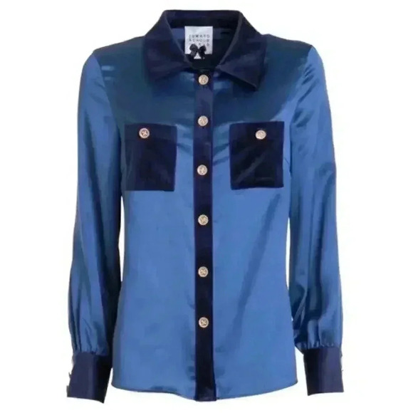 Edward Achour Paris Satin Button Up Shirt 44 Blouse Patch Pocket Metallic Button - Picture 5 of 10